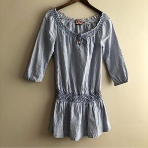 Juicy Couture Y2K Preppy Striped 3/4 Sleeve Long Tunic Shirt Blouse Top Blue